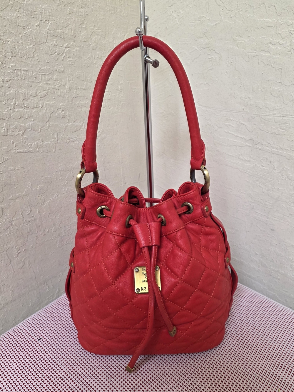 MCM Red Drawstring Bucket Quilted Handbag Satchel AUTHENTIC